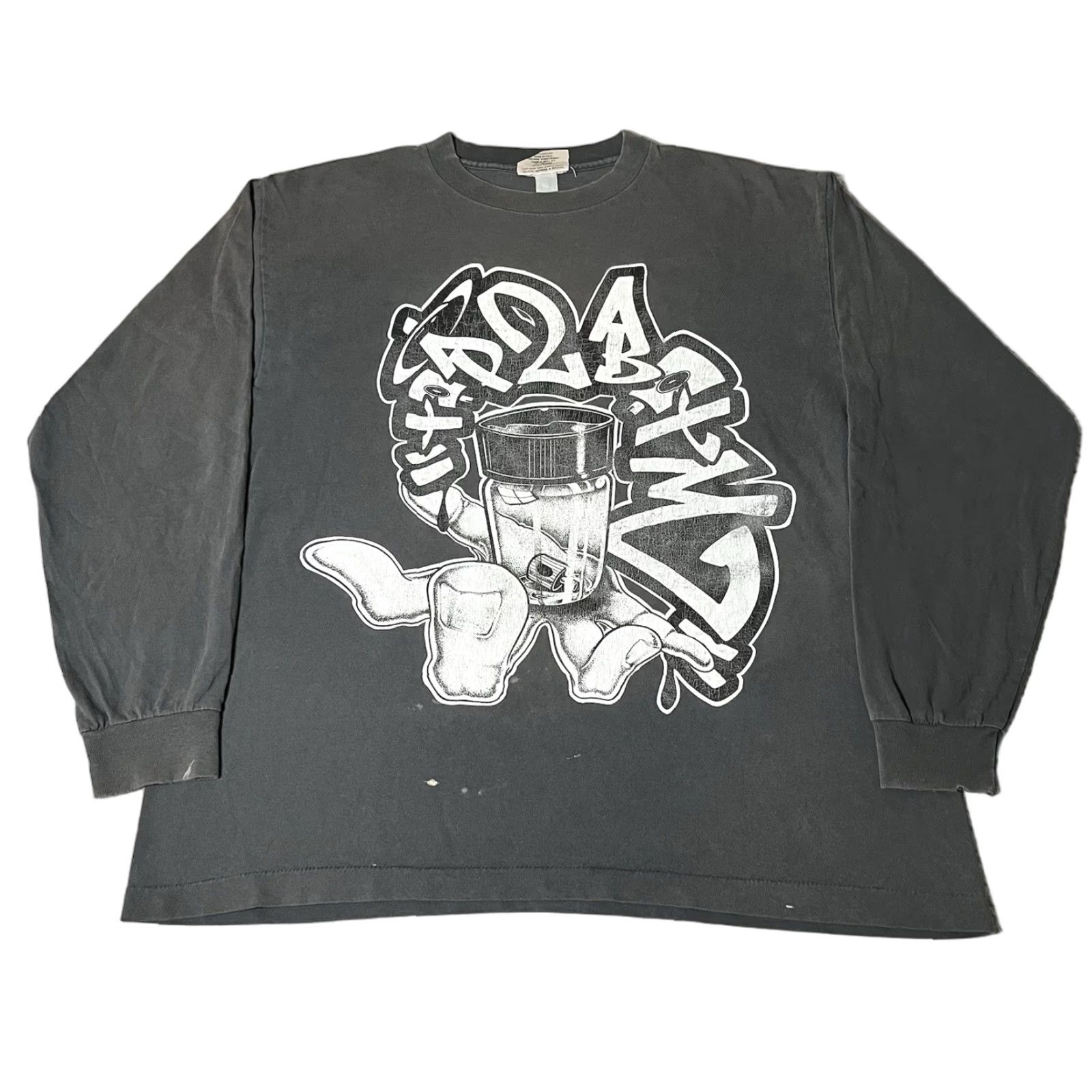 Vintage Top2Botm Shirt Men XL Graffiti PEACE SEVERE ZODIAK 90s Hip Hop USA VTG Gray Cotton Knit Crew Neck Graphic Print Long Sleeve Size US XL / EU 56 / 4 - 1 Thumbnail