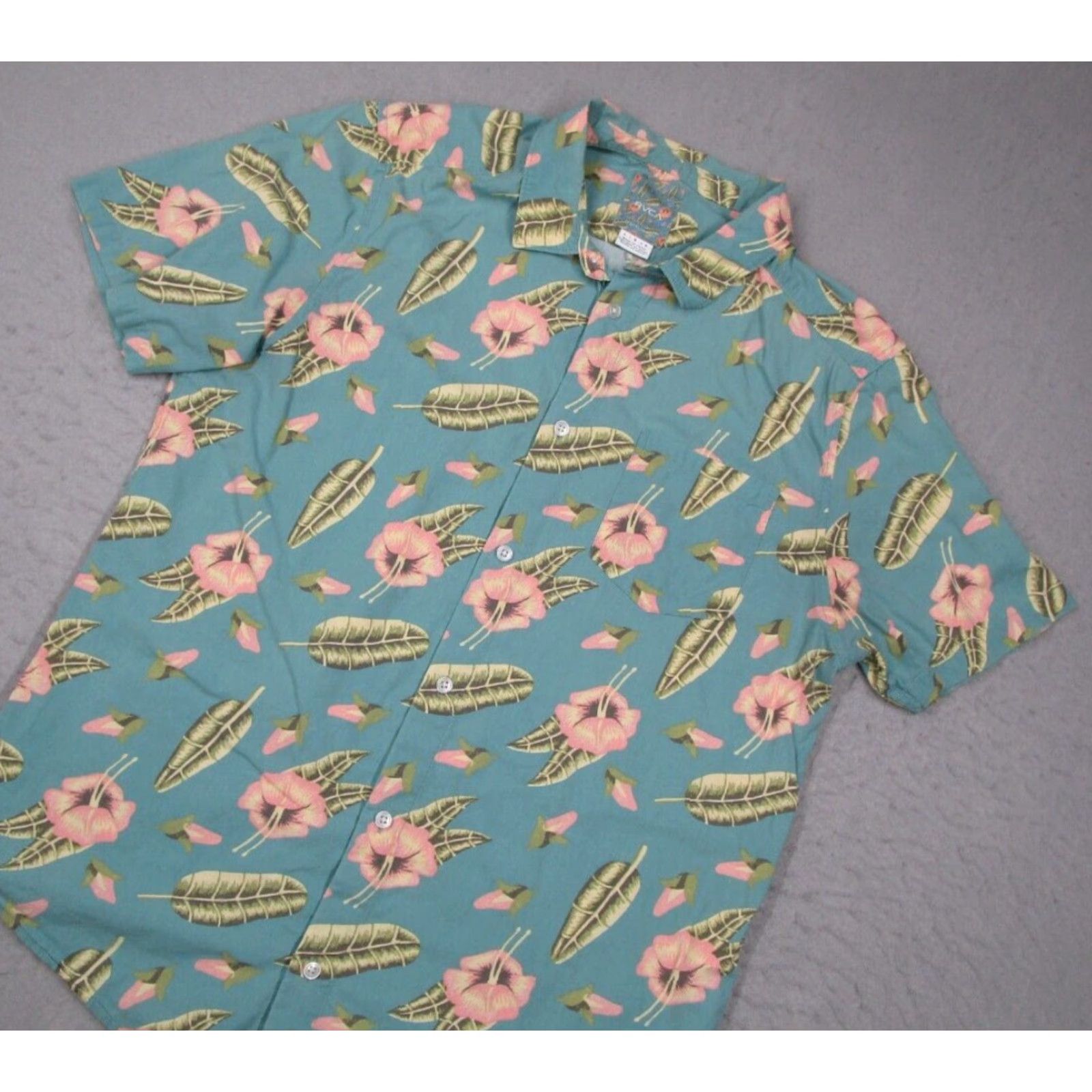 RVCA RVCA Shirt Mens Large Blue Luke Pelletier Button Up Hibiscus Hawaiian Tiki Floral Short Sleeve Colorful Beach California Classic American Work Size US L / EU 52-54 / 3 - 2 Thumbnail