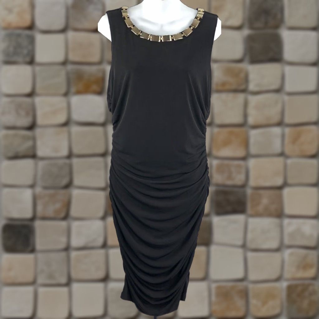 Calvin Klein Sleeveless Pencil Dress 12 Black Gold Chain Collar Ruched  Draped Midi Dress - Womens, Formal, Party, Wedding -  doitallappliancerepairs.com.au