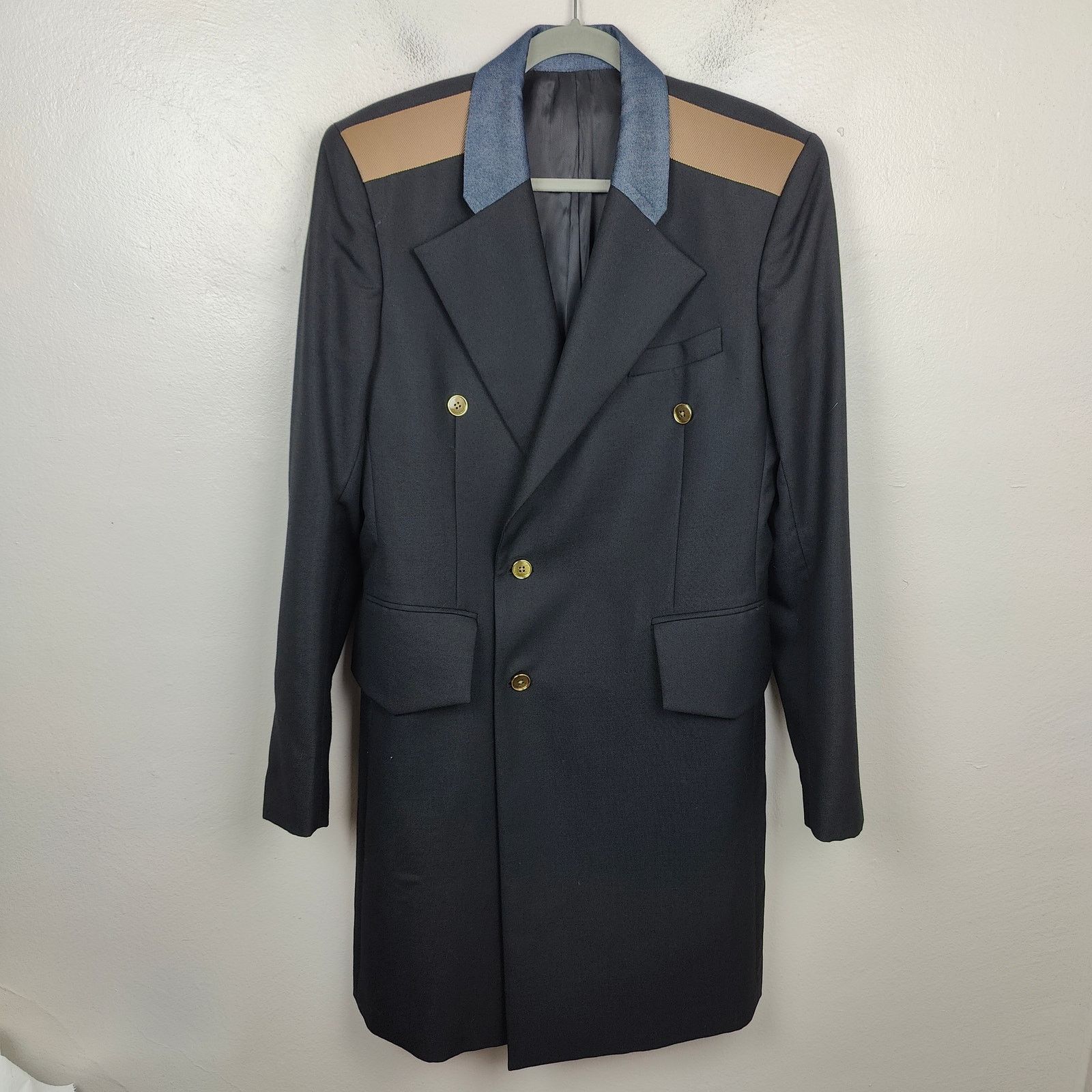 Sean Suen Sean Suen Coat Men 38 Black Denim Belted Coat Mixed Media Size 38R - 1 Thumbnail