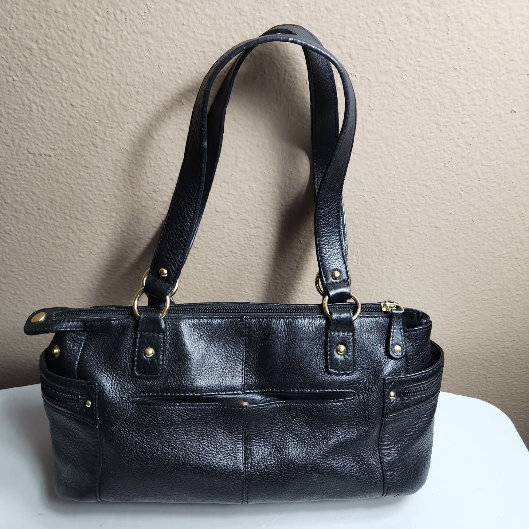 Vintage VINTAGE Pelle Studio Wilsons Black Pebbled Leather Double Handle Shoulder Bag Womens Size ONE SIZE - 2 Thumbnail