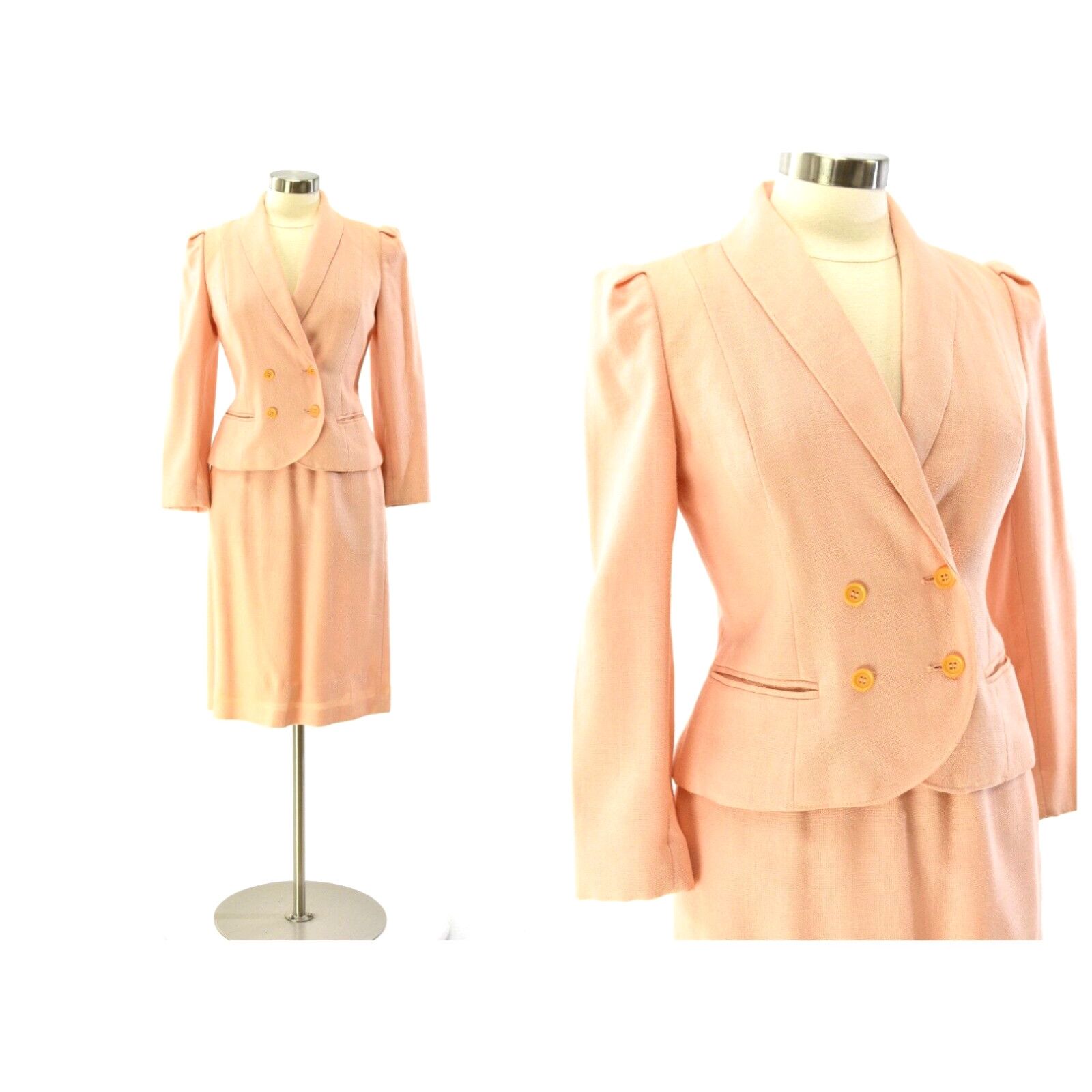 image of 70's Vintage Pastel Peach Double Breasted Skirt Suit Womens S Neiman Marcus in White