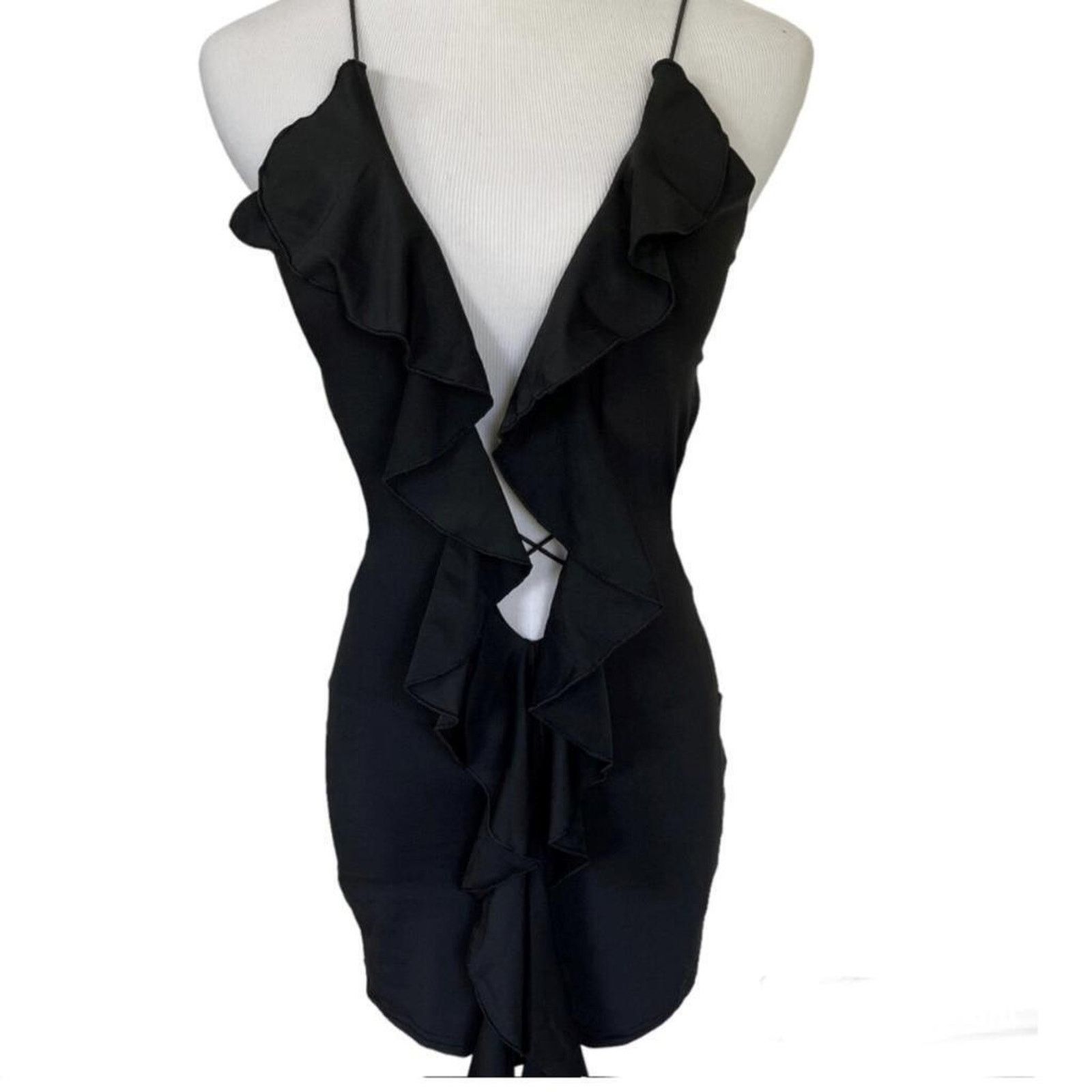 Other NEW Sexy Strappy Black Ruffle Draped Cocktail Mini Dress Size XS / US 0-2 / IT 36-38 - 2 Thumbnail