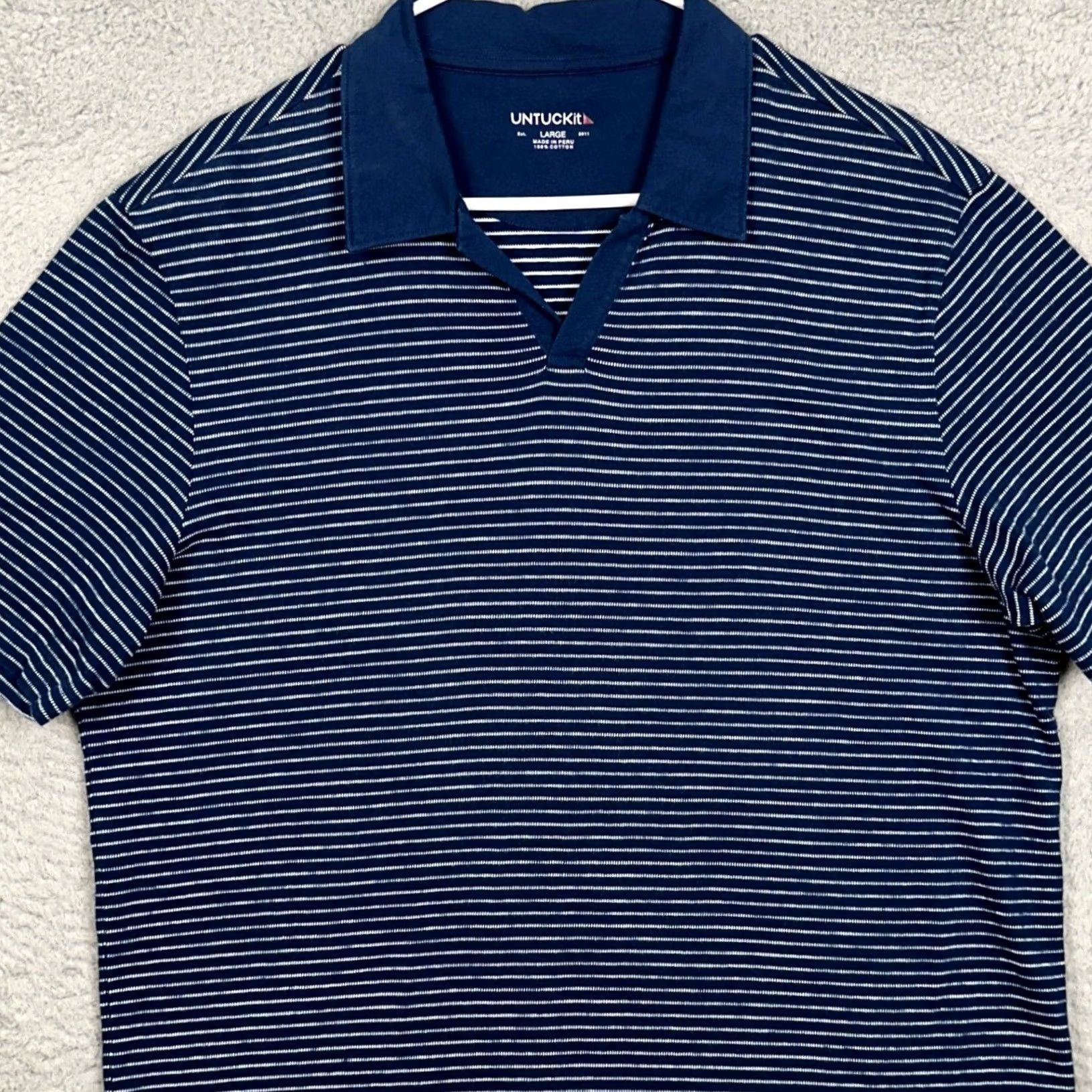 UNTUCKit UNTUCKit Polo Shirt Mens L Navy White Striped Polo Shirt Casual Prep Short Sleeve Spread Collar 100% Cotton EUC Size US L / EU 52-54 / 3 - 2 Thumbnail