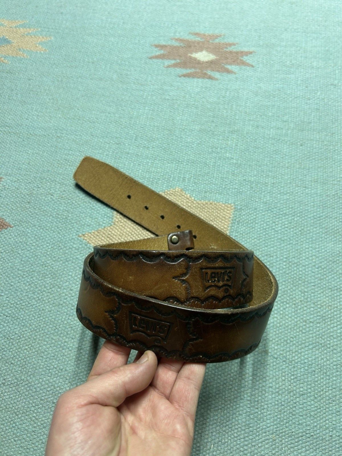 Levi's Vintage 70s Levi’s tooled leather belt band lattigo men’s 38 Size 38 - 1 Thumbnail