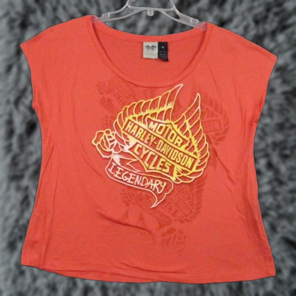 Harley Davidson Harley-Davidson Shirt XL Women Orange Motorcycle Biker Short Sleeve Stretch Logo Vintage Size XL / US 12-14 / IT 48-50 - 1 Thumbnail