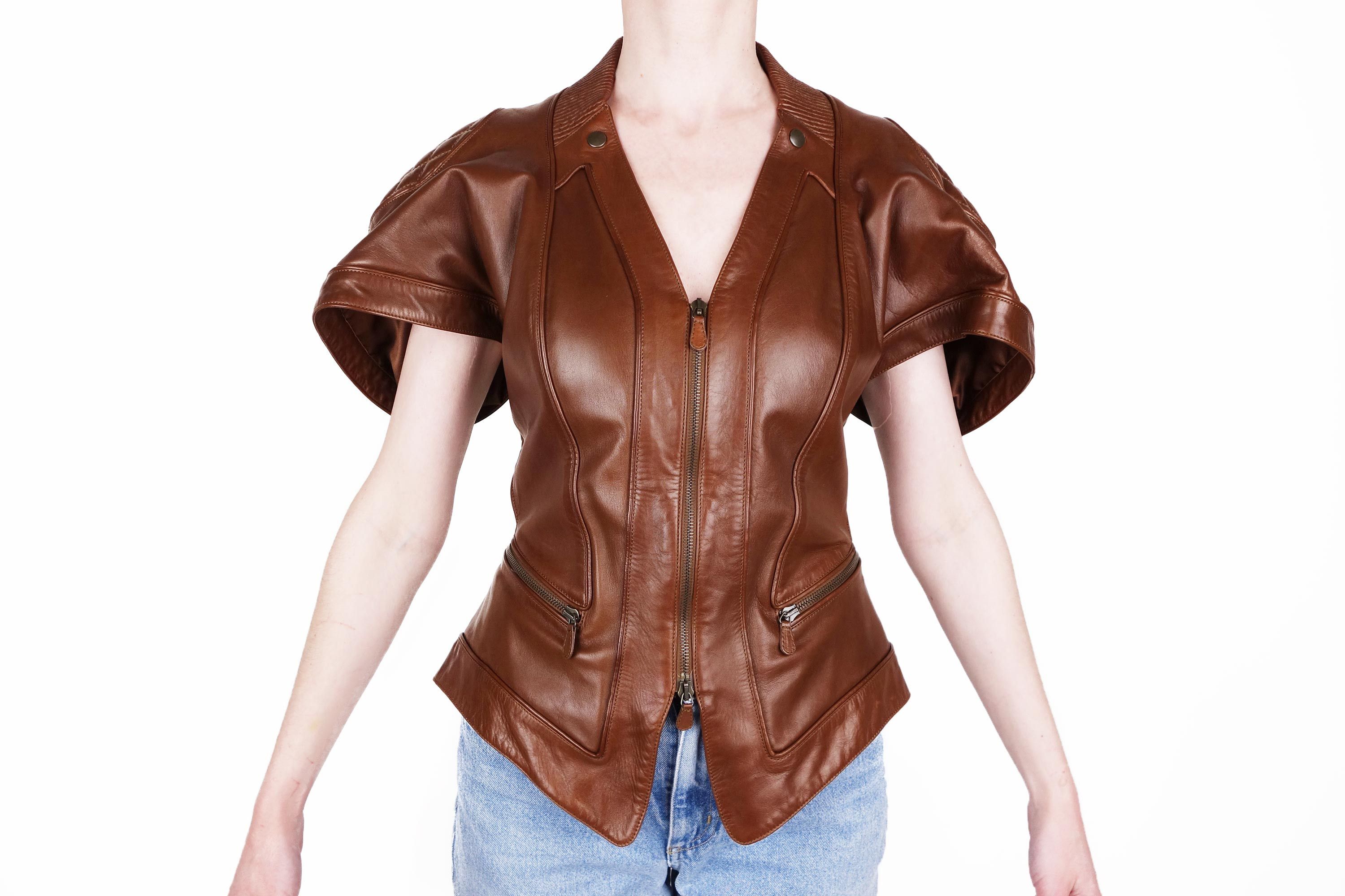 image of Alexander Mcqueen Leather Biker Jacket Corset Vest S/s 2010 in Brown, Women's (Size Medium)