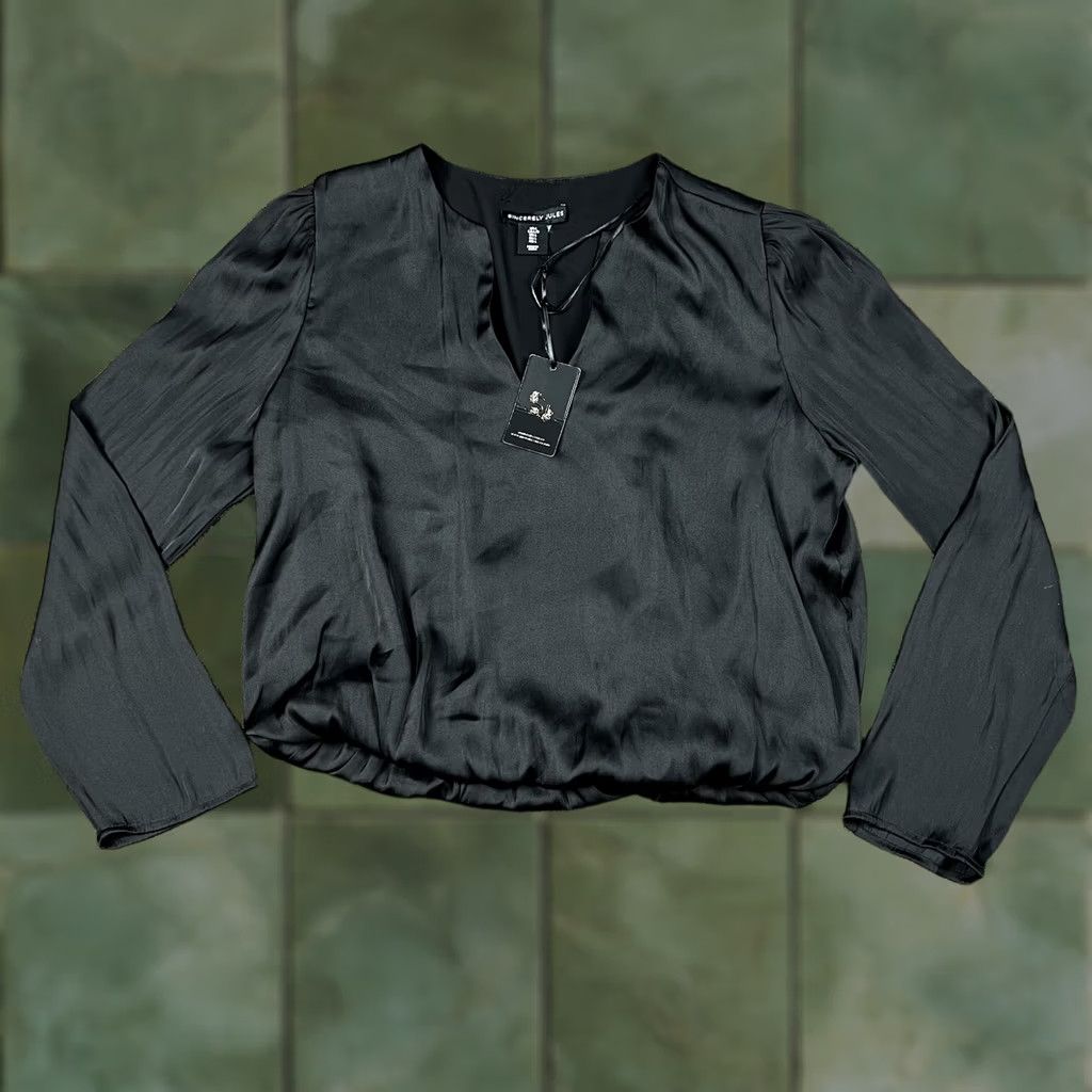 Vintage Sincerely Jules Blouse Shirt Cropped Satin Long Sleeve Black Sz Large Womens Size L / US 10 / IT 46 - 1 Thumbnail