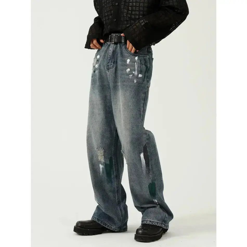 Japanese Brand Retro loose wide leg ripped jeans Size US 32 / EU 48 - 1 Thumbnail