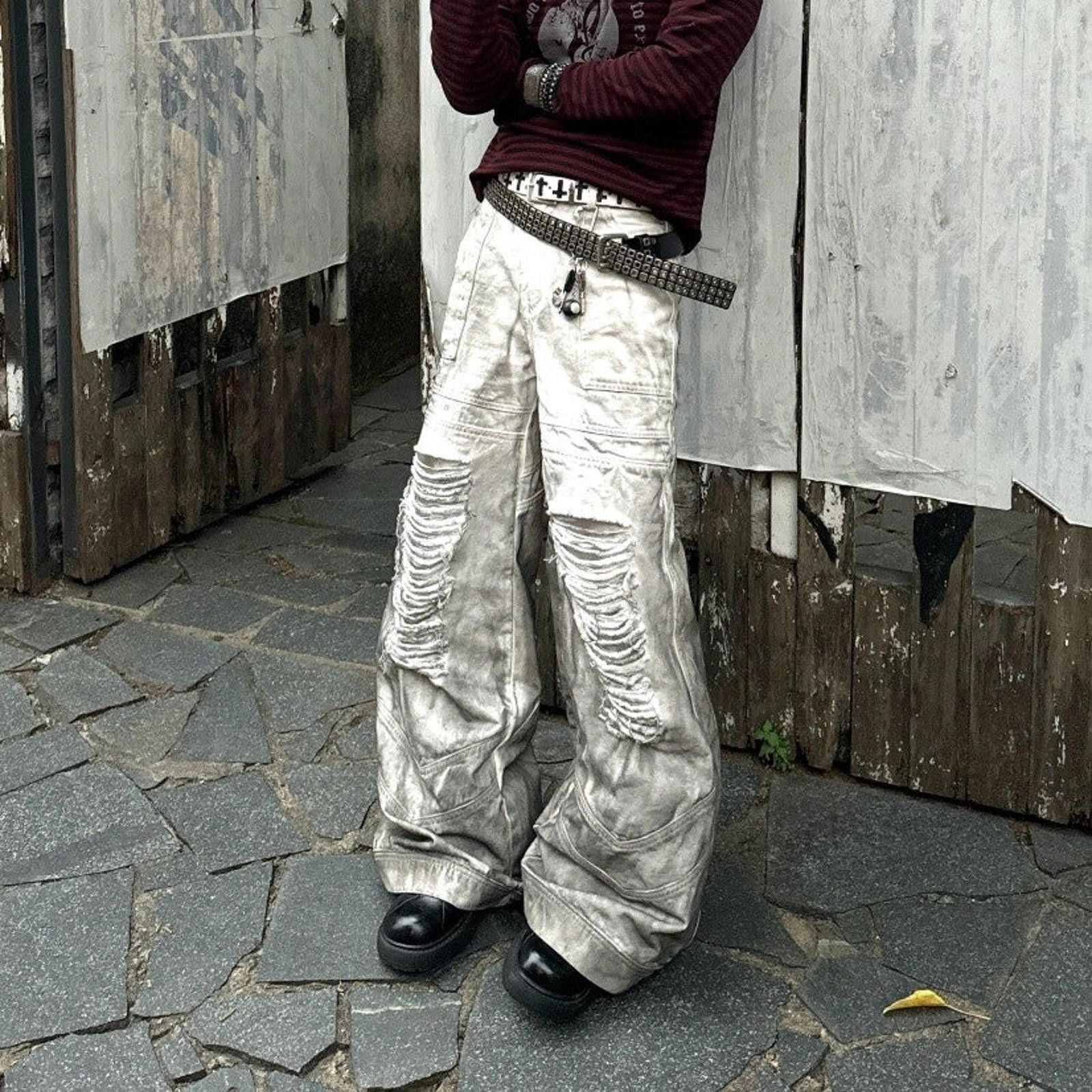 Baggy Heavyweight Wide Leg Jeans Dirty Wash Ripped Knees