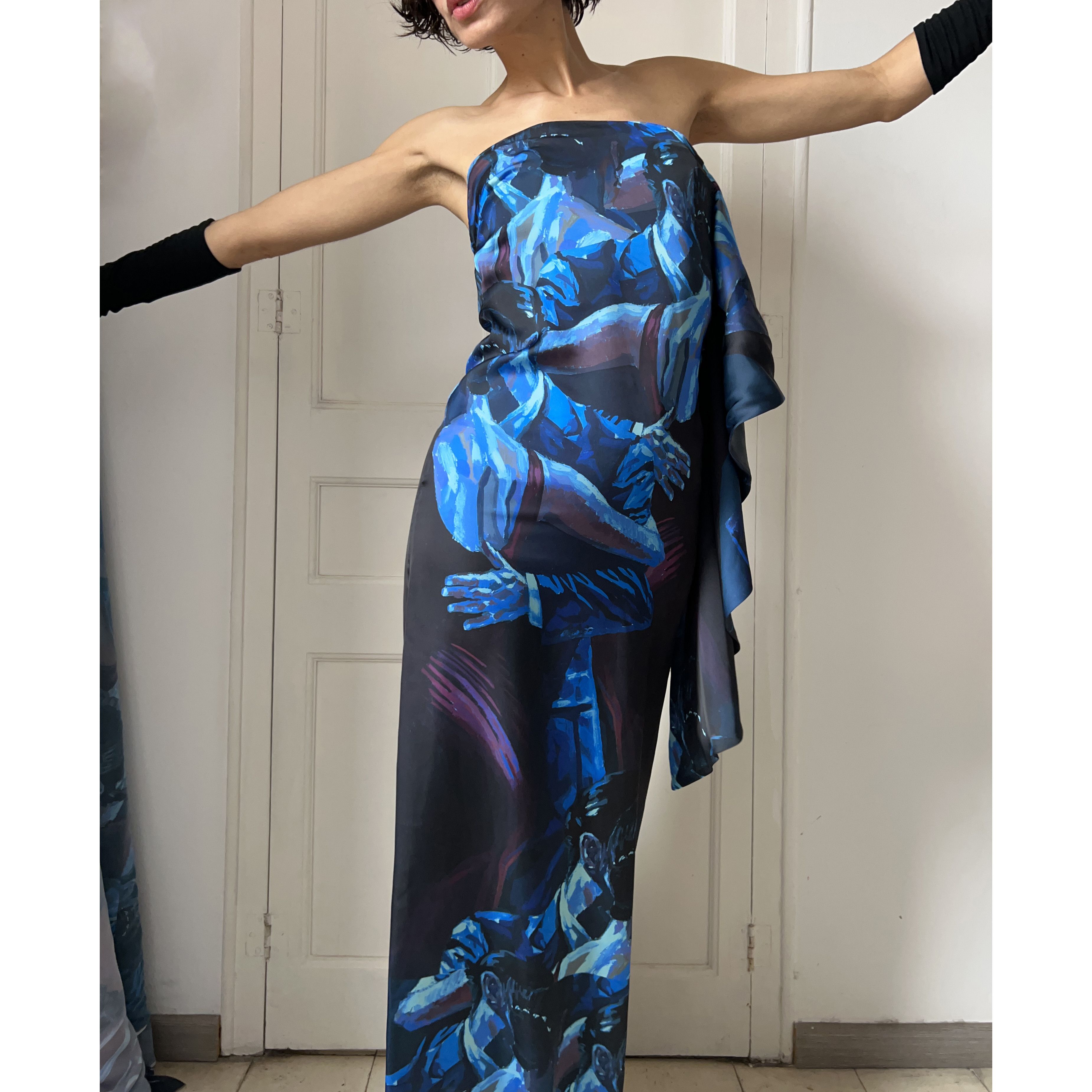 Designer Handmade couple dancing print strapless maxi gown Size M / US 6-8 / IT 42-44 - 1 Thumbnail