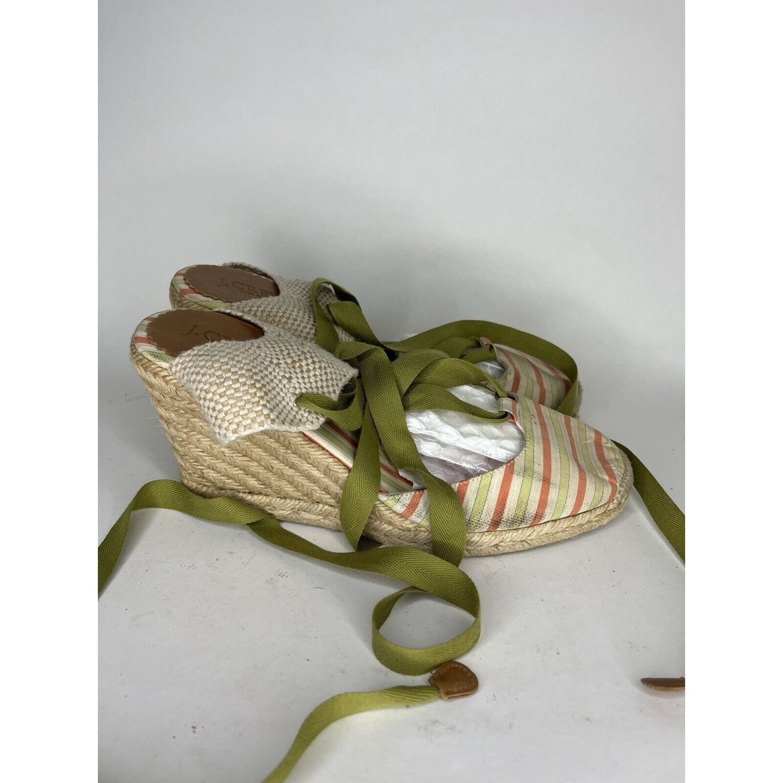Other J. Crew Beige Fabric Striped Green Lace Espadrilles Wedges W Size US 8 / IT 38 - 1 Thumbnail