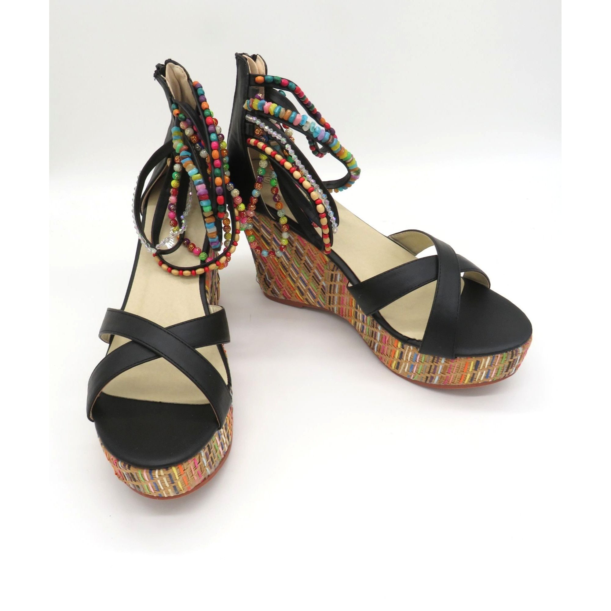 Other Get More Beauty Women's Black Wedge Sandals Multicolor Beade Size US 10 / IT 40 - 6 Thumbnail