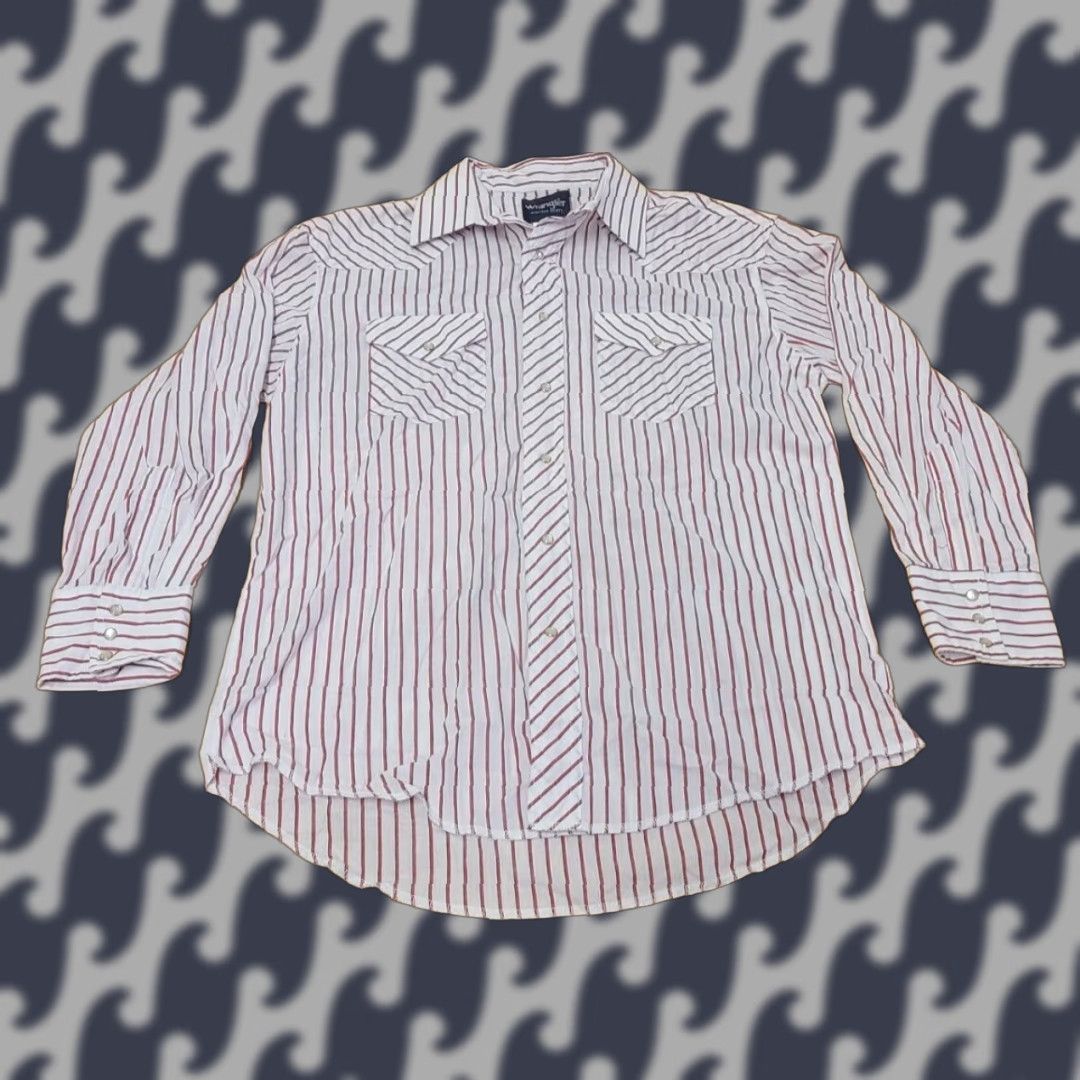 Wrangler Wrangler Shirt Men 16 Red White Striped Pearl Snap Long Sleeve Casual Workwear Pocket All Seasons Size US L / EU 52-54 / 3 - 1 Thumbnail