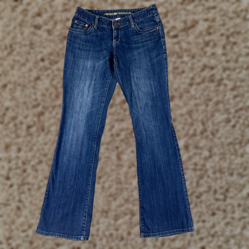 Mossimo Mossimo Jeans Womens 7 Blue Denim Flared Low Rise 26x31 Regular Stretch Distressed 5-Pocket Cotton Medium Wash Belt Zip Vintage: No Ladies Jeans Size 28" / US 6 / IT 42 - 1 Thumbnail