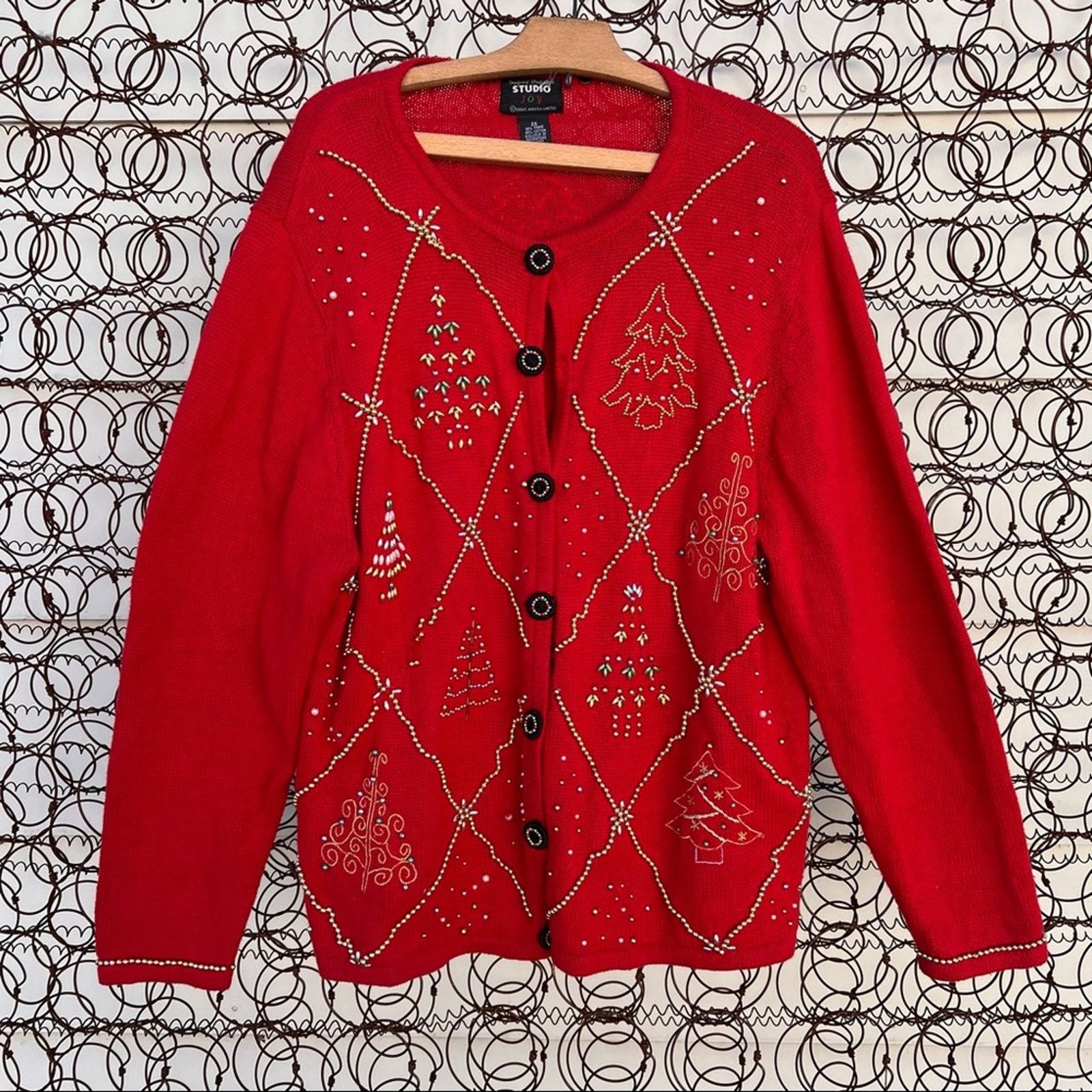 Vintage 90s red button down Ugly Christmas cardigan beaded trees Size XXL / US 16-18 / IT 52-54 - 1 Thumbnail