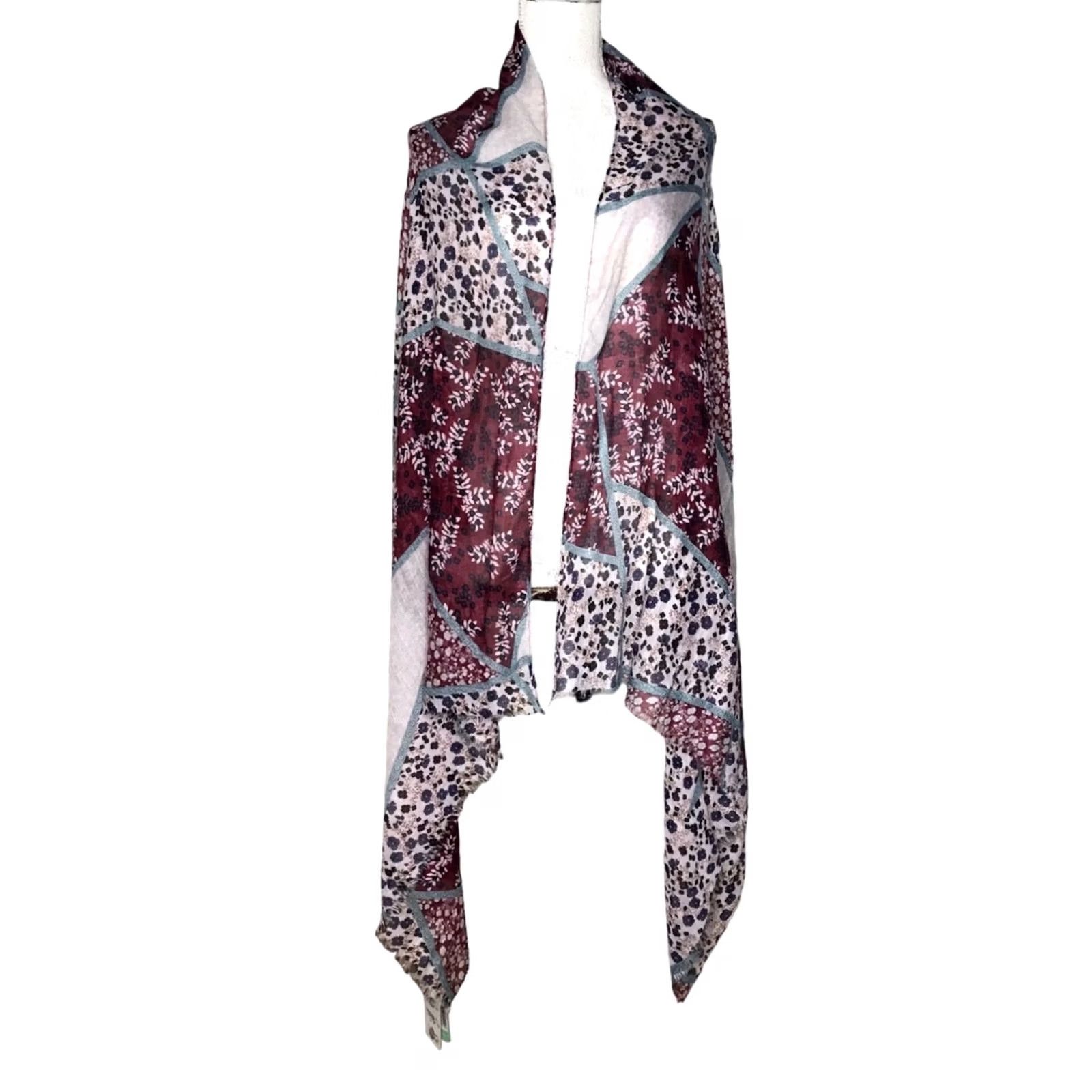 Vintage Lulla Collection by Bindya Scarf Wrap Multi Wear Women's Burgundy Floral Boho Rectangle Scarf Silk Polyester Fringe 70x32 Adult Womens Size ONE SIZE - 3 Thumbnail