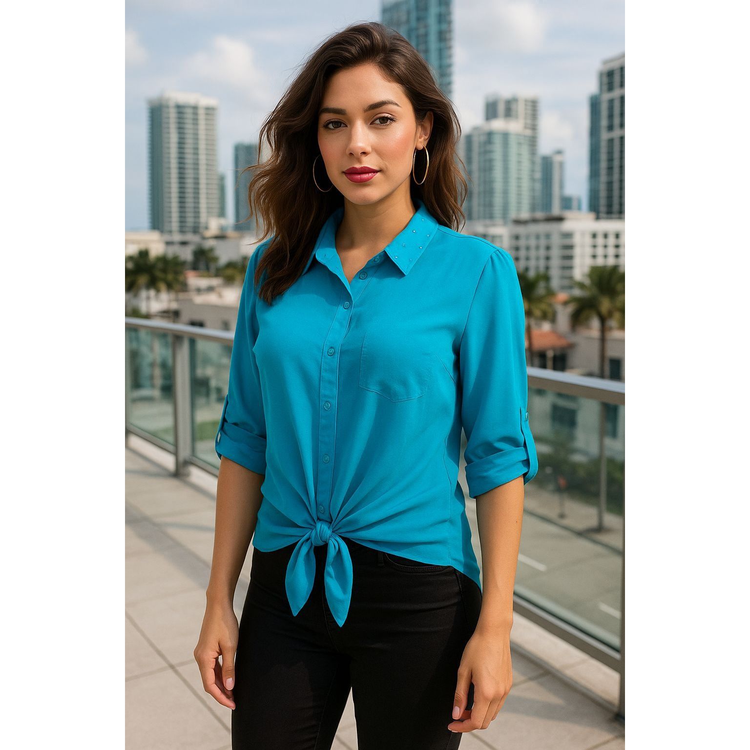 Other CCC Turquoise Tie Front Cutout Back Blouse Medium Statementw Size M / US 6-8 / IT 42-44 - 1 Thumbnail