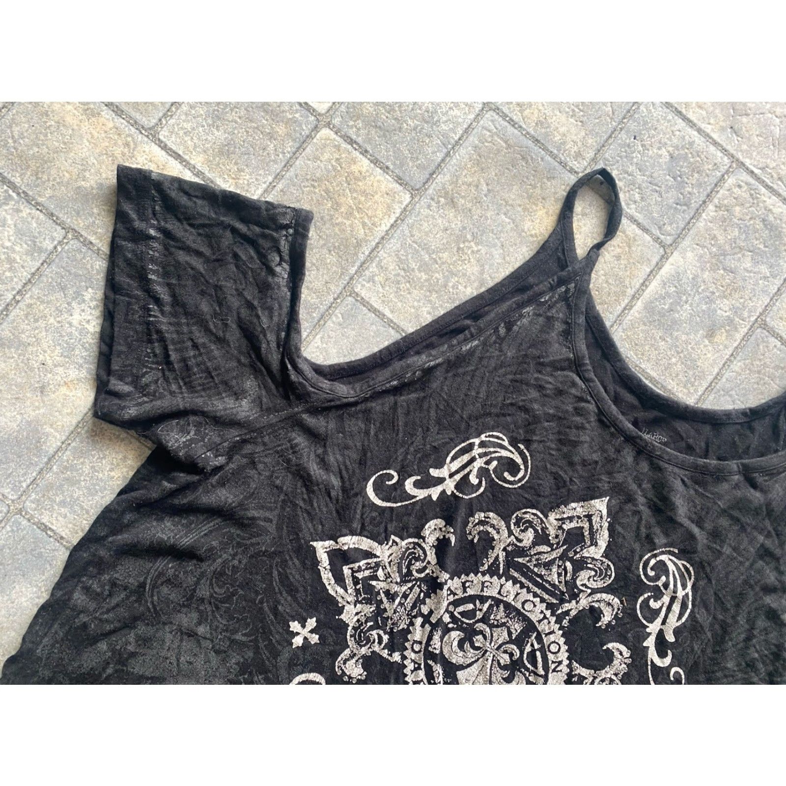 Affliction VINTAGE Affliction Live Fast WOMENS Blouse Off Shoulder Tank Shirt Black L Womens Dark Hearts Cross Rhinestone Contour Fleur-de-lis 90s / 2000s Size L / US 10 / IT 46 - 5 Thumbnail
