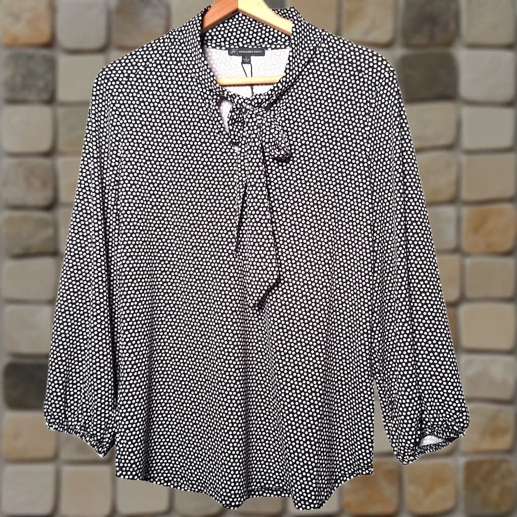 Adrianna Papell Adrianna Papell Blouse L Black Polka Dot Tie Neck Stretch Long Sleeve Woman Regular Size XS? (Note: This line contains non-original info.) Size L / US 10 / IT 46 - 1 Thumbnail