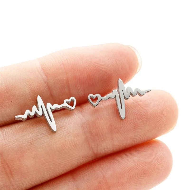 Jewelry Heartbeat Stud Earrings Charm Stainless Earring Gift Size ONE SIZE - 1 Thumbnail