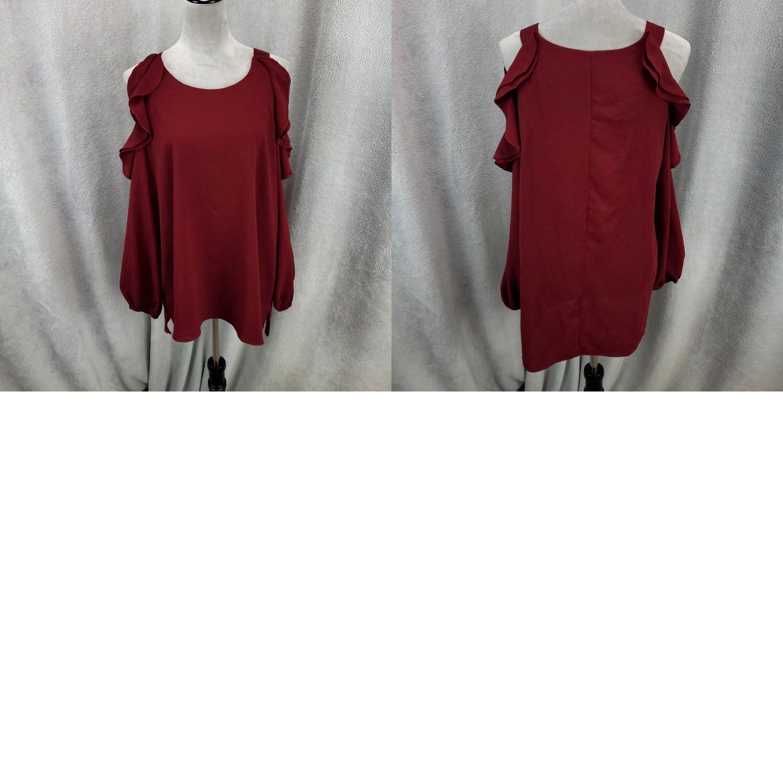 Vintage UMGEE Tunic Womens Large Maroon Cold Shoulder Gauzy Ruffles Balloon Flutter Size L / US 10 / IT 46 - 8 Thumbnail