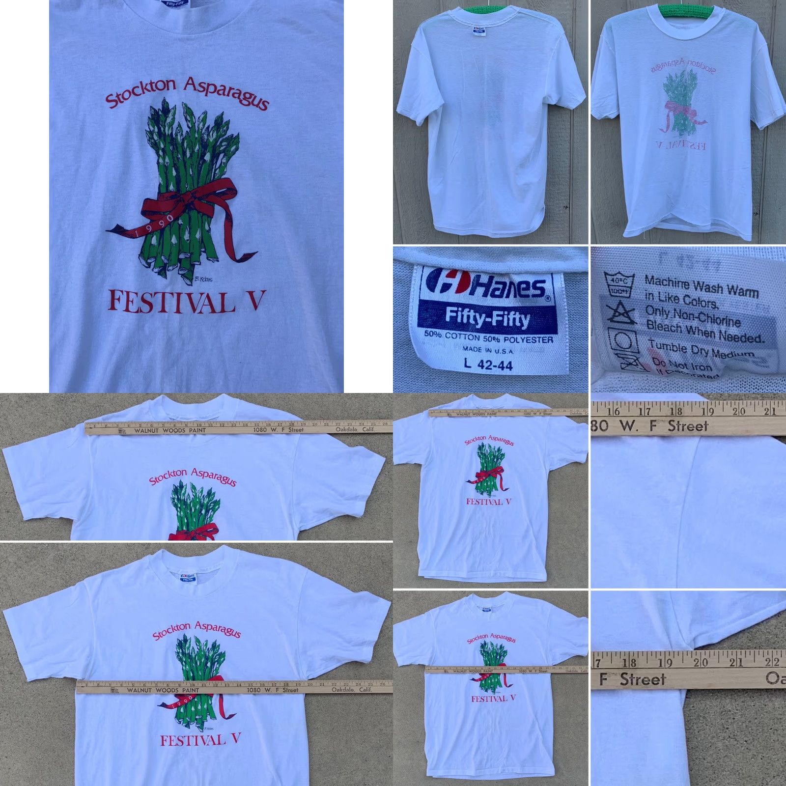 Hanes VINTAGE Hanes Stockton Asparagus Festival V T-Shirt L White 1990s Mens Graphic Tee Short Sleeve Made In USA Size US L / EU 52-54 / 3 - 8 Thumbnail