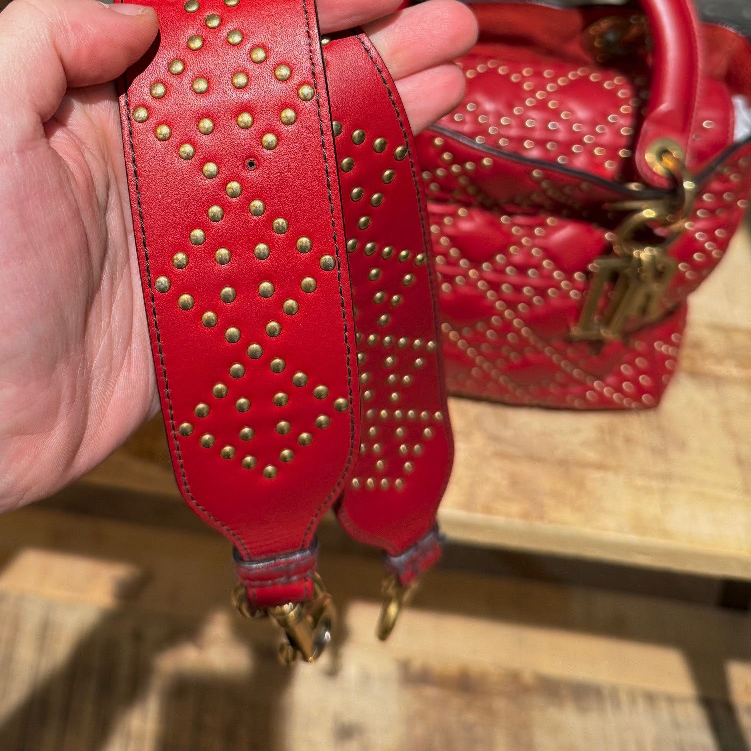 Dior Christian Dior Red Leather Gold Studded Medium Lady Dior Bag Size ONE SIZE - 12 Thumbnail