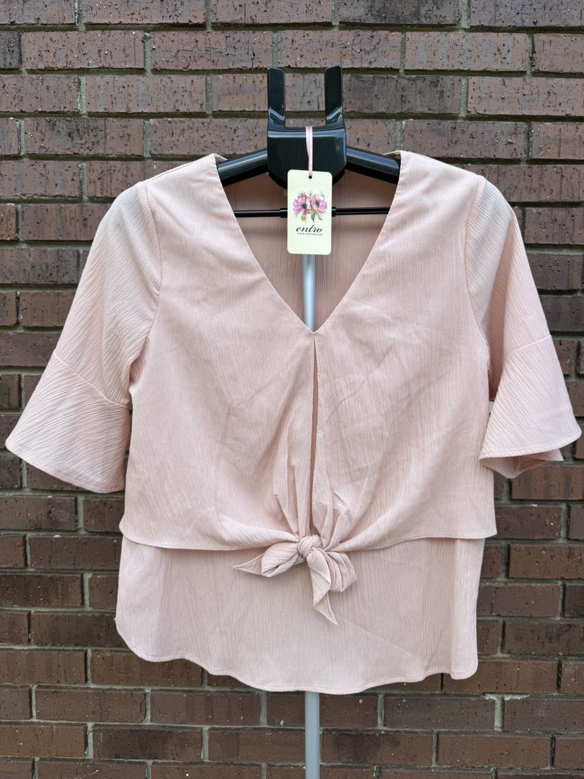 Other Entro Blouse Knotted Front Tie Blush Pale Pink Bell Sleeve Size S / US 4 / IT 40 - 1 Thumbnail