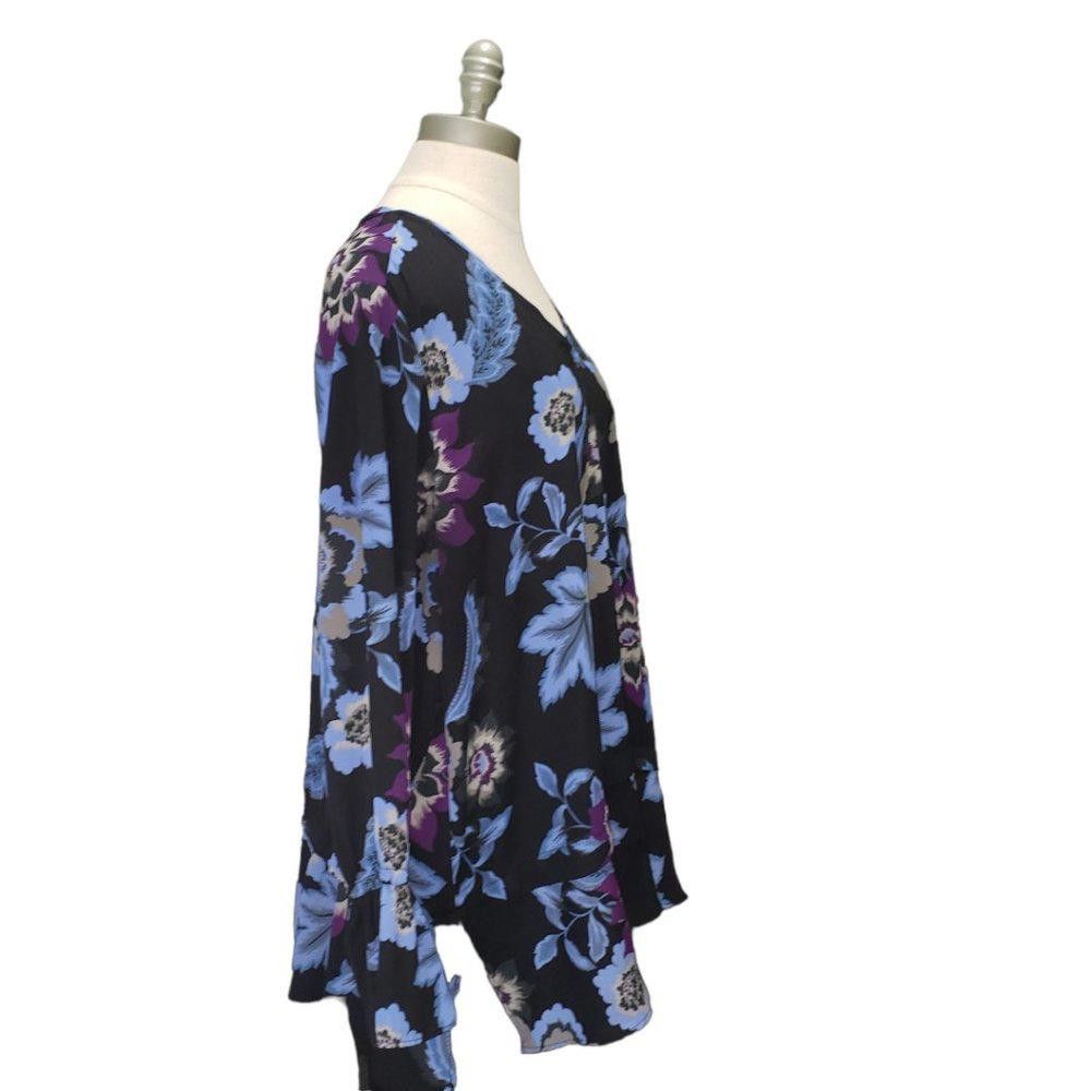 Designer CT486 Joe Fresh + Ladies Black & Blue Floral Blouse 1X Size XL / US 12-14 / IT 48-50 - 2 Thumbnail