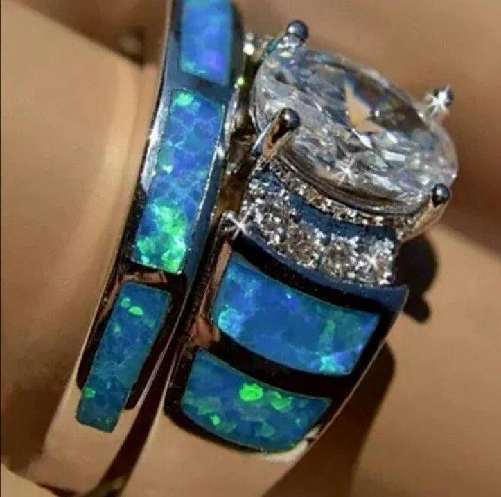 Designer 2pcs Blue Opal Epoxy Zircon Inlaid Silver Ring Set - Size 6 Size ONE SIZE - 3 Thumbnail