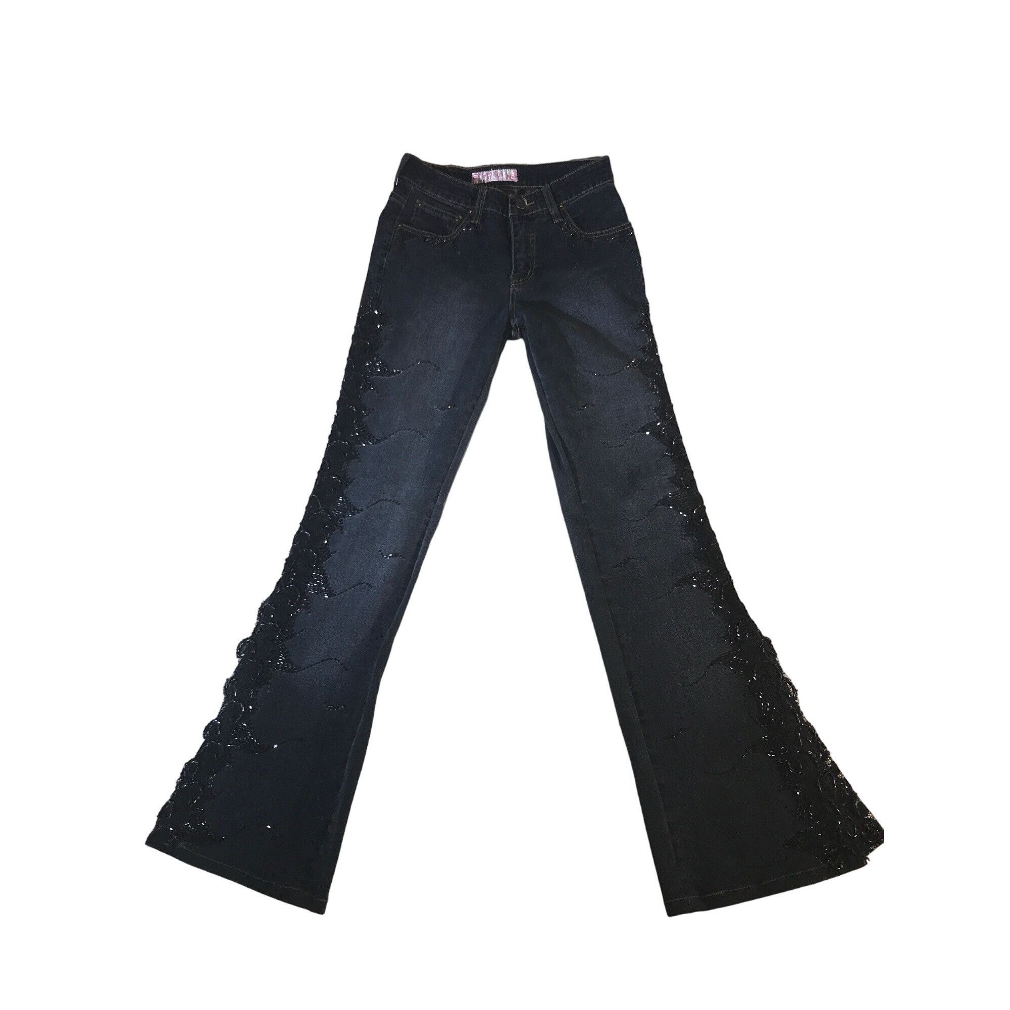 Vintage Sassy Thai Women's Vintage Blue & Black Beaded Flare Jeans Size 26" / US 2 / IT 38 - 1 Thumbnail
