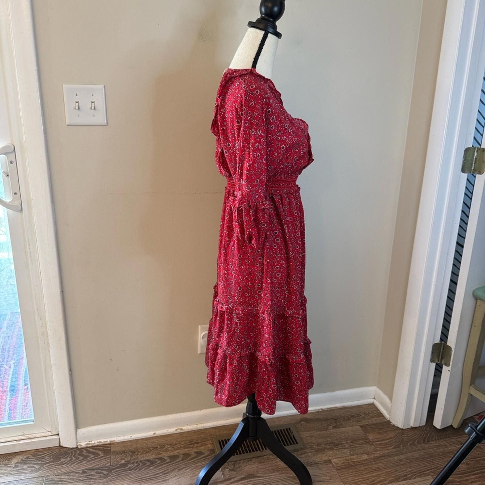 Other Max Studio Red Floral tiered maxi dress puffy sleeves SZ SM Size S / US 4 / IT 40 - 3 Thumbnail