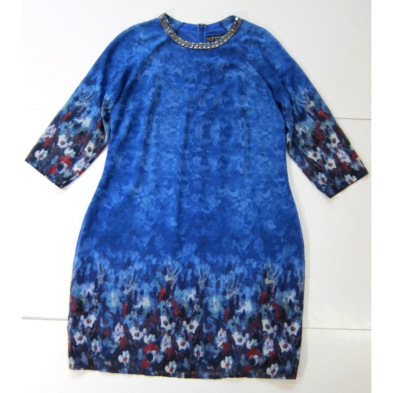 Vintage Little Mistress Kaftan Shift Dress 16 Women Blue Red Floral Beaded Diamond Neck 3/4 Sleeve Midi Dress Size XXL / US 16-18 / IT 52-54 - 2 Thumbnail