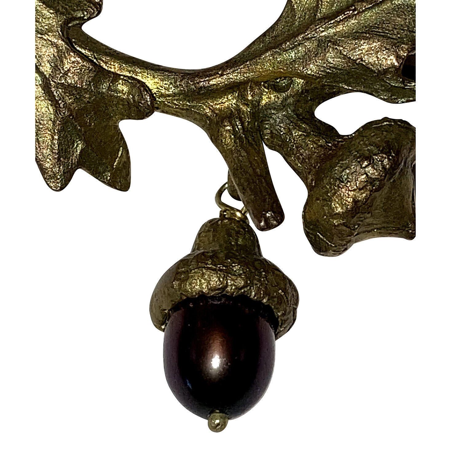 Designer Brass Artisan Leaf and Grey Pearl Acorn Pin Size ONE SIZE - 2 Thumbnail