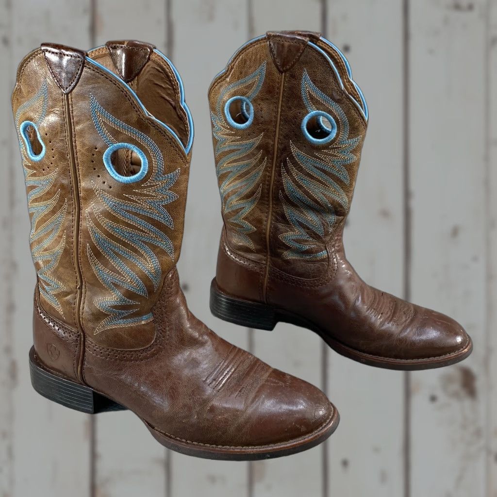 Ariat Women US 8 B Brown Leather Round Up Stockman Western Cowgirl Cowboy Boot Shirt