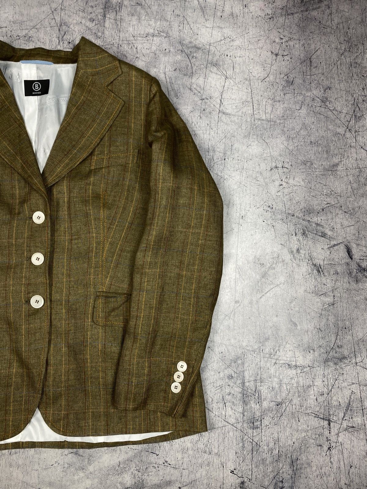 Bogner Bogner Women Olive Linen Silk Blazer Plaid Tailored Jacket Size XL / US 12-14 / IT 48-50 - 4 Thumbnail