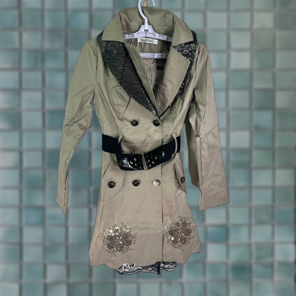 Max Mara Max Mara Coat Jr Size M Beige Double Breasted Belted Trench Scarf Sequin Womens Size M / US 6-8 / IT 42-44 - 1 Thumbnail