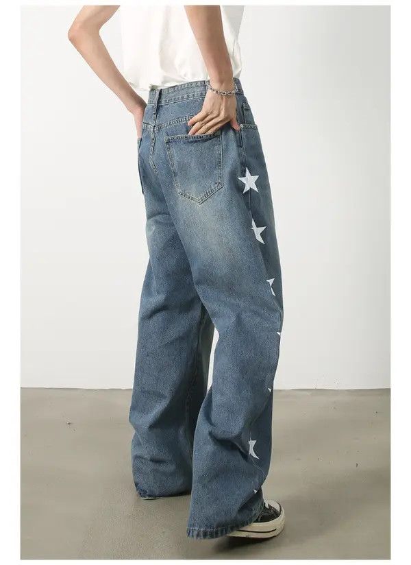 Japanese Brand Men's retro star print loose straight casual jeans Size US 32 / EU 48 - 5 Thumbnail