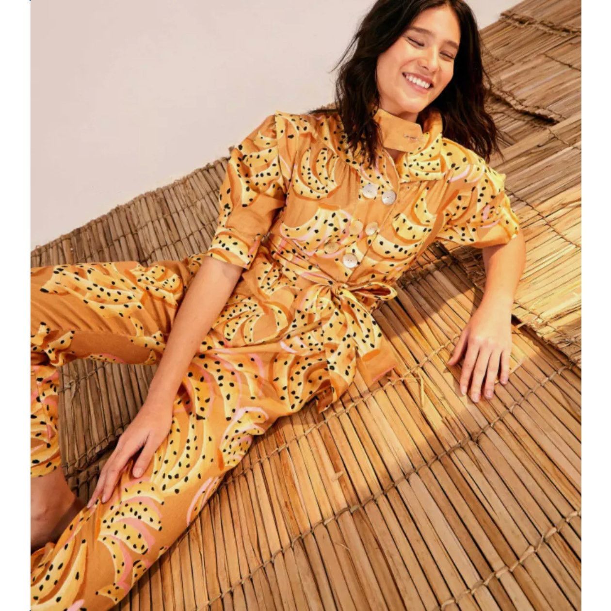 Farm Rio NWT FARM RIO | OFFICE SIREN GOES BANANAS LINEN JUMPSUIT XS Size 25" / US 0 / IT 36 - 1 Thumbnail