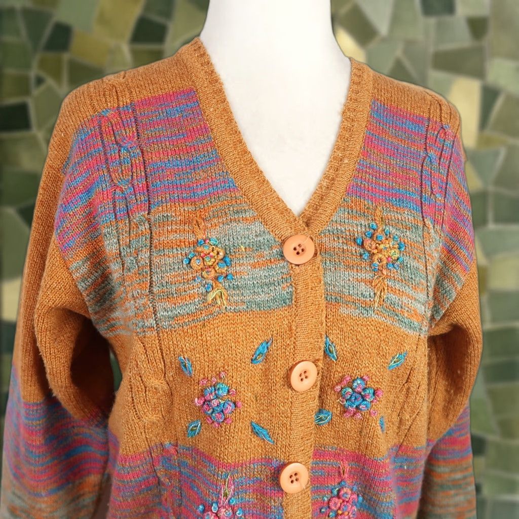 Vintage VINTAGE 90s Burnt Orange Floral Embroidered Cardigan Sweater M Women Long Sleeve Knit Acrylic Casual Bohemian Size M / US 6-8 / IT 42-44 - 1 Thumbnail