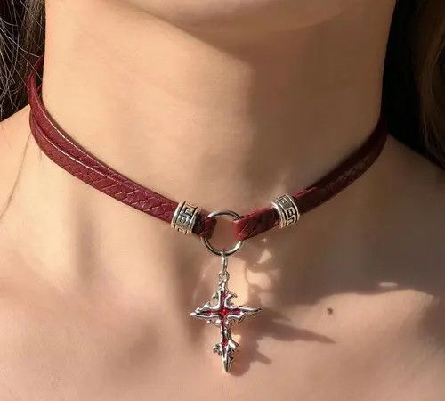 Jewelry Red Leather Cross Charm Choker Necklace, Gothic Jewelry Size ONE SIZE - 2 Thumbnail