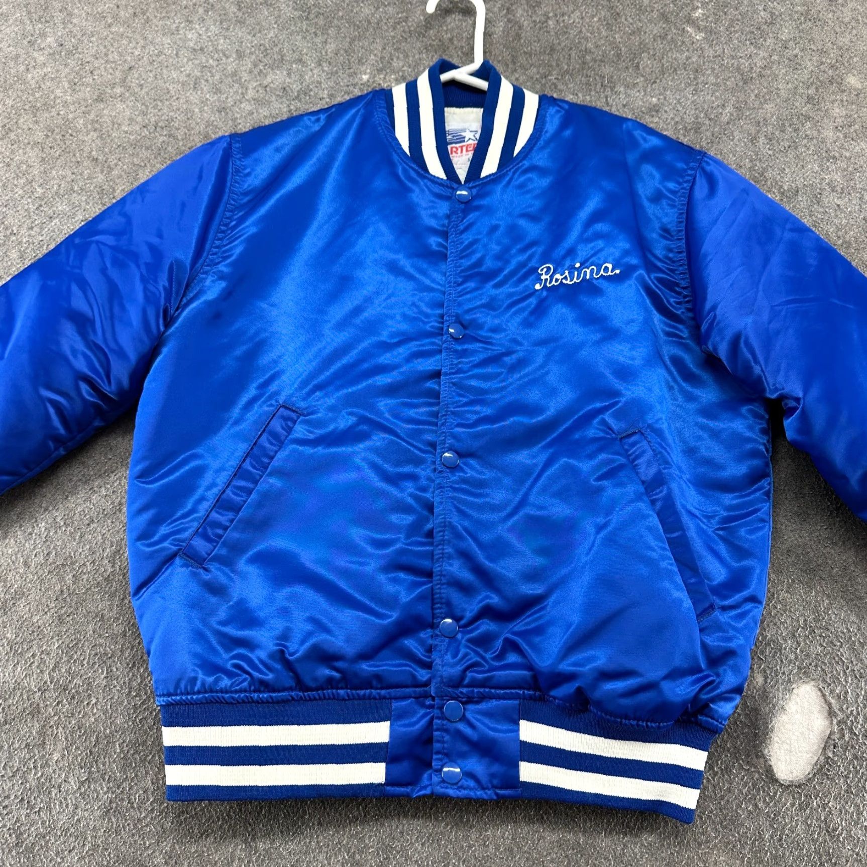 Starter VINTAGE Starter Jacket Mens M Blue Beige H&B Trucking Chainstitch Satin Rosina 90s Jacket, Varsity, Nylon, Button Snap, Regular Fit, Men Size US M / EU 48-50 / 2 - 4 Thumbnail