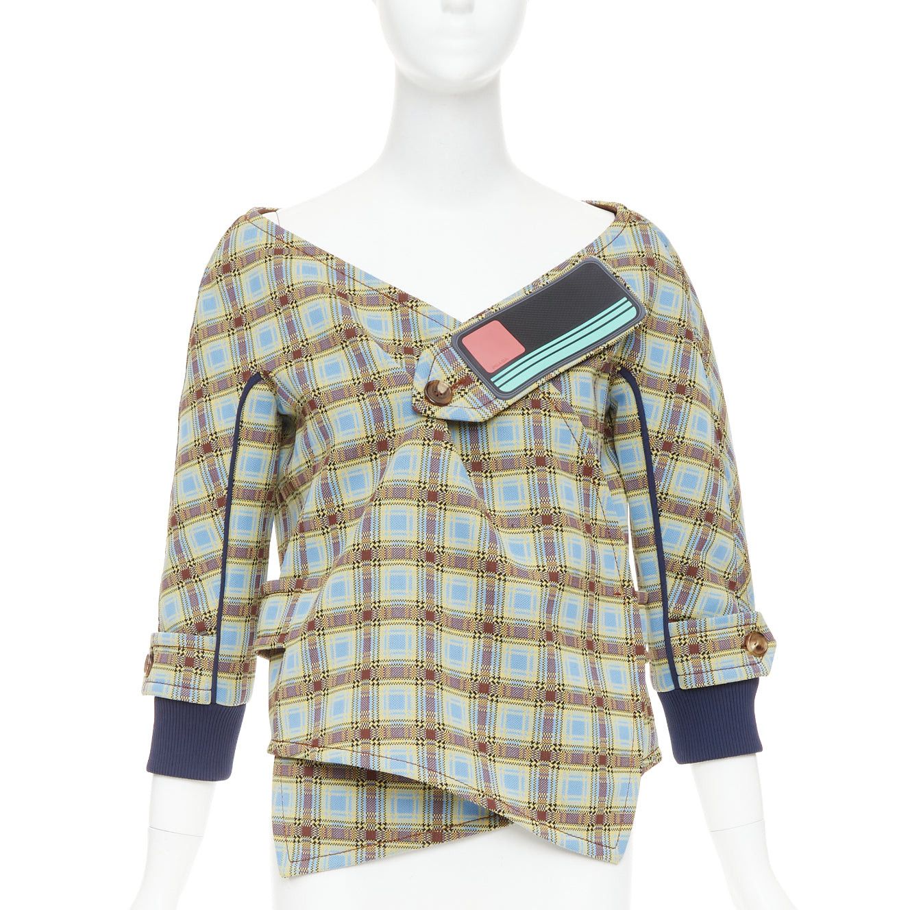 Prada PRADA 2017 Runway blue green check patch drape collar jacket IT38 XS Size XS / US 0-2 / IT 36-38 - 1 Thumbnail