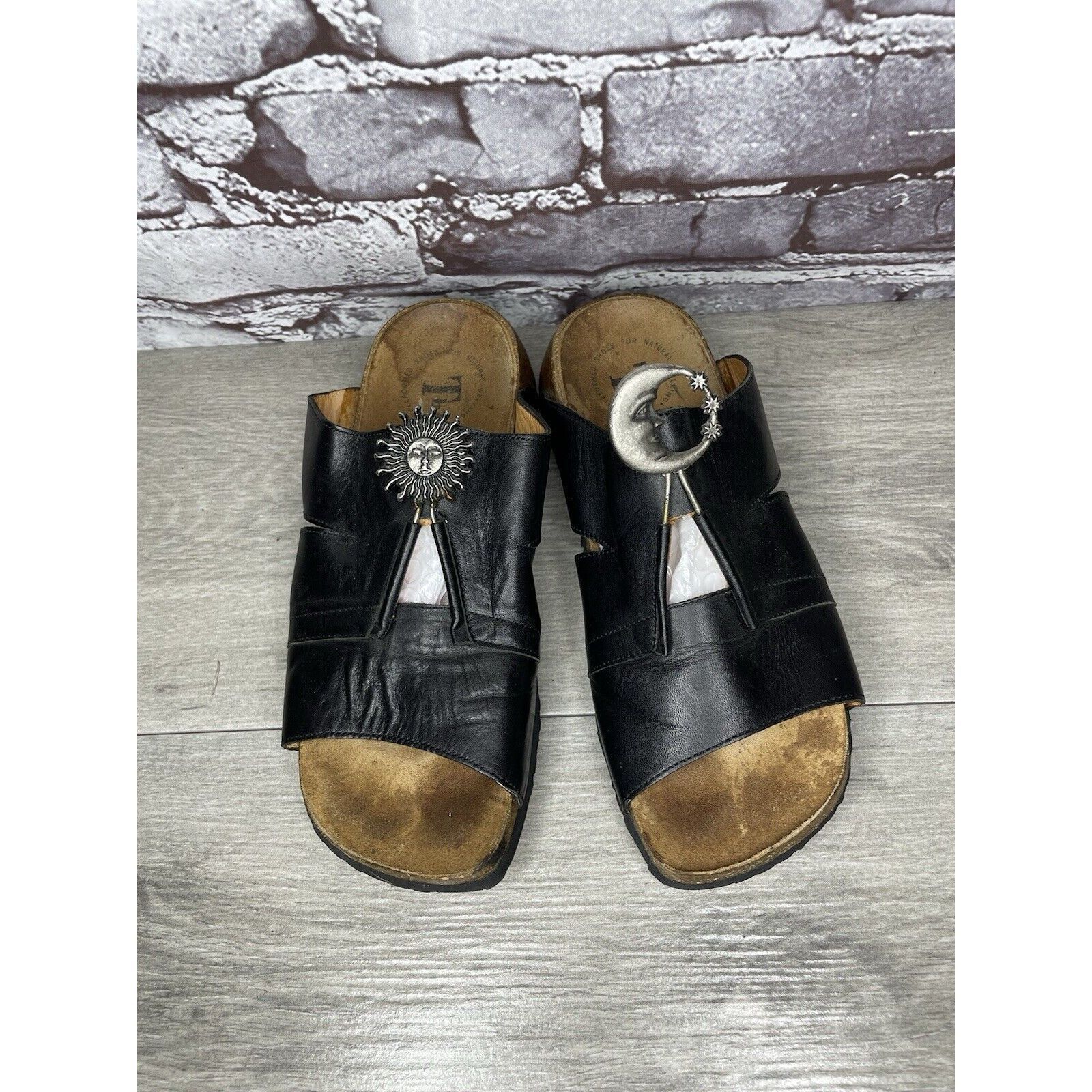 Other Think! Black Leather Cork Sun Moon Silver Wedge Sandals Wome Size US 6.5 / IT 36.5 - 2 Thumbnail