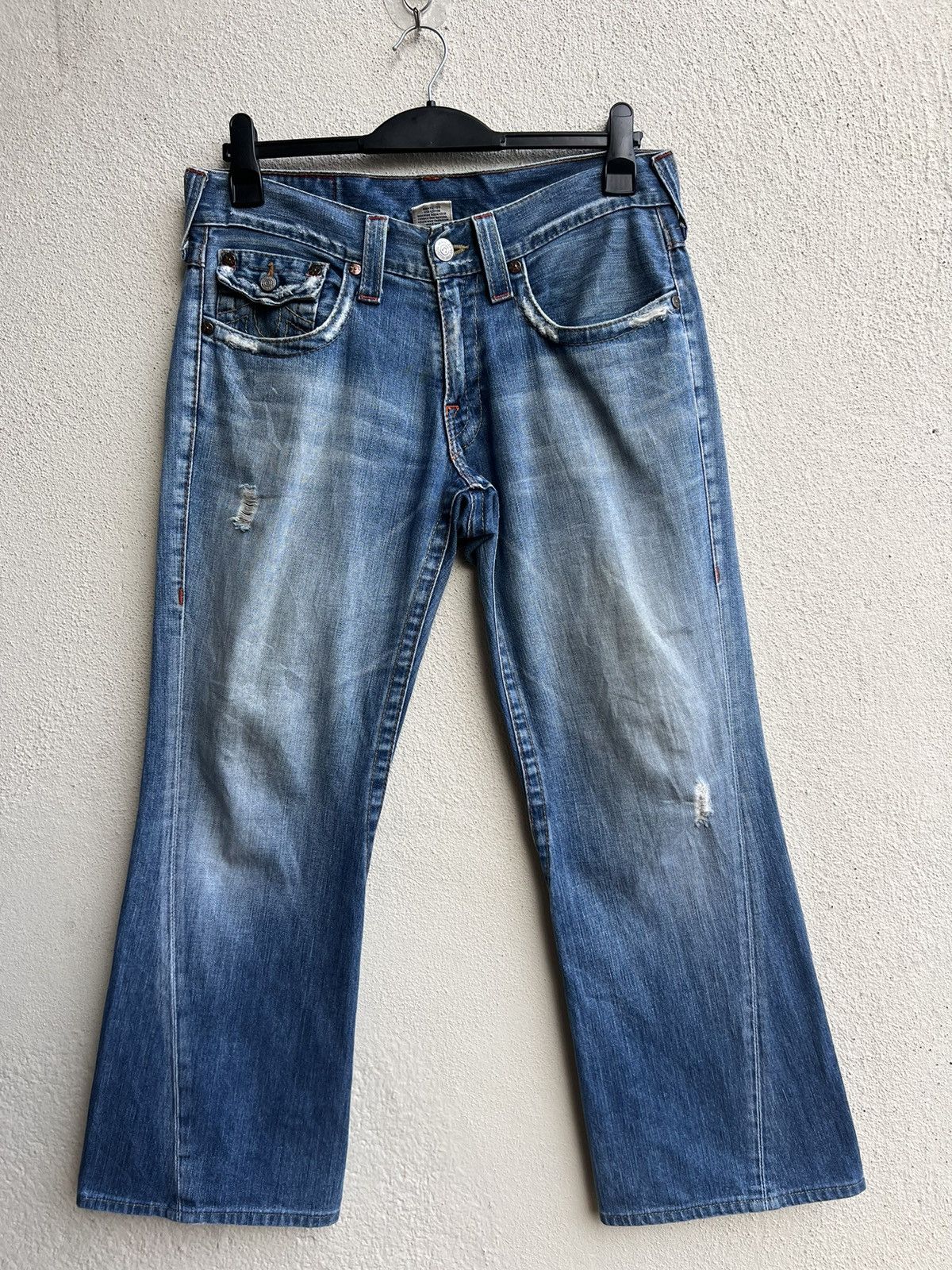 True Religion Vintage 00s TR Joey Distress Fade Mud Denim Flare Jeans Size US 32 / EU 48 - 6 Thumbnail