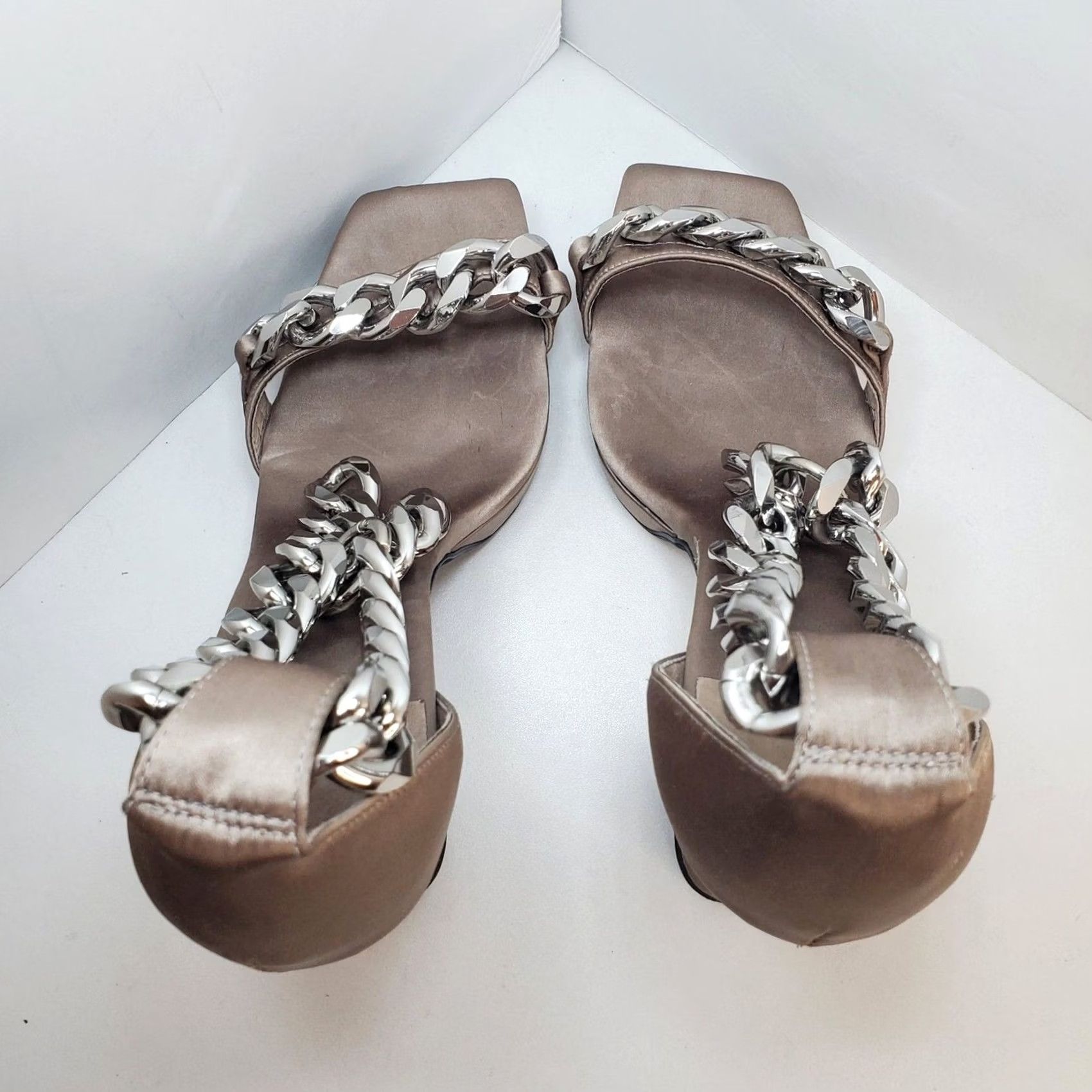 Jeffrey Campbell Jeffrey Campbell Silverlake Platform Shoes Taupe Satin 9.5 Womens Square Toe Spool Heel Big Ankle Chain 90s Punk Designer City Brown Size US 10 / IT 40 - 5 Thumbnail