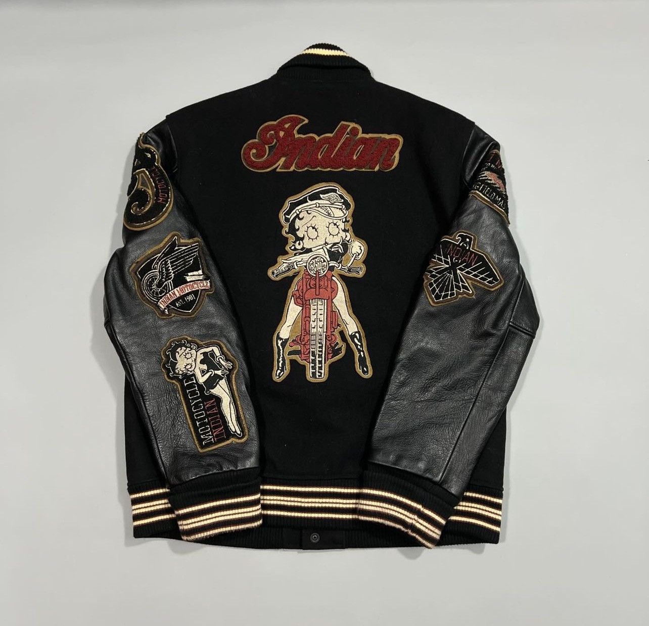 image of Indian Motorcycle X Betty Boop Leather Wool Jacket in Black, Men's (Size XL)