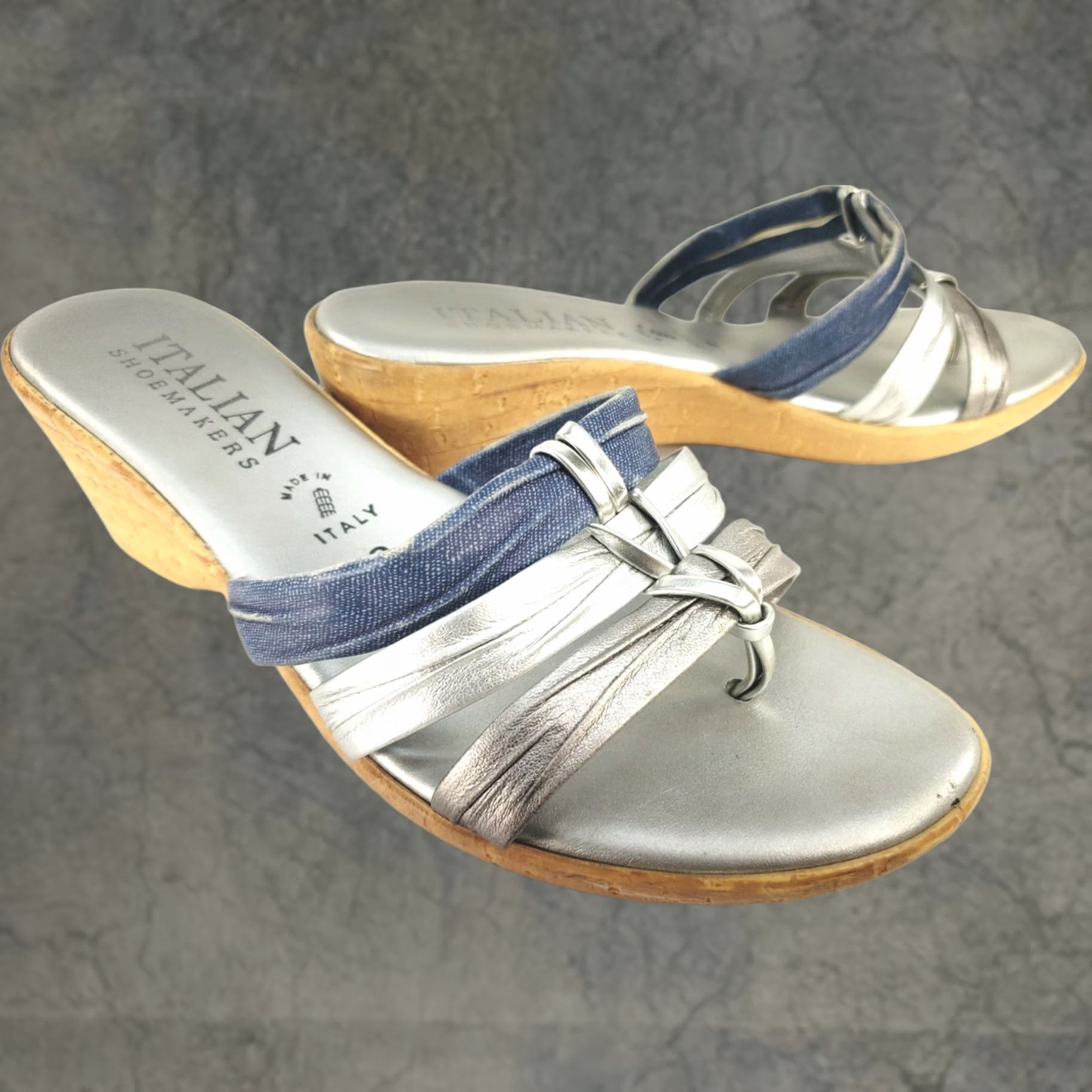 Vintage ITALIAN Shoemaker Denim Silver Wedge Slide Sandal Silver Tone Accent Sz 9 Size US 9 / IT 39 - 1 Thumbnail