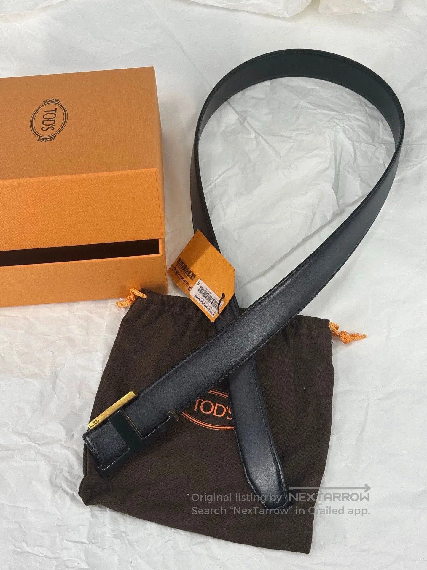 Tod's Black Leather Belt with Gold Logo.